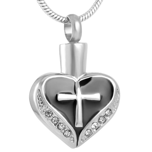 Cross on Heart with Clear Stones Cremation Necklace